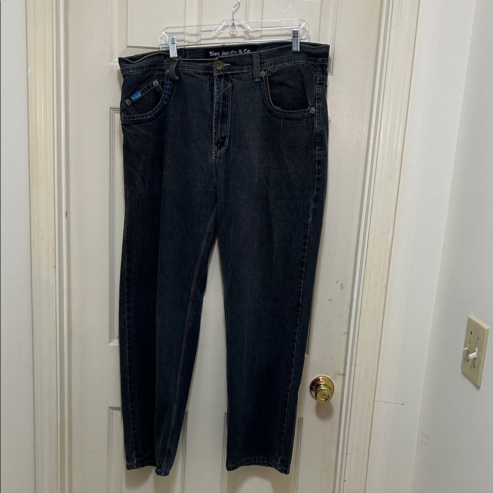 5ive Jungle Jeans Mens 36x30 Blue Y2K Baggy Wide Leg Embroidered Grunge Hip Hop